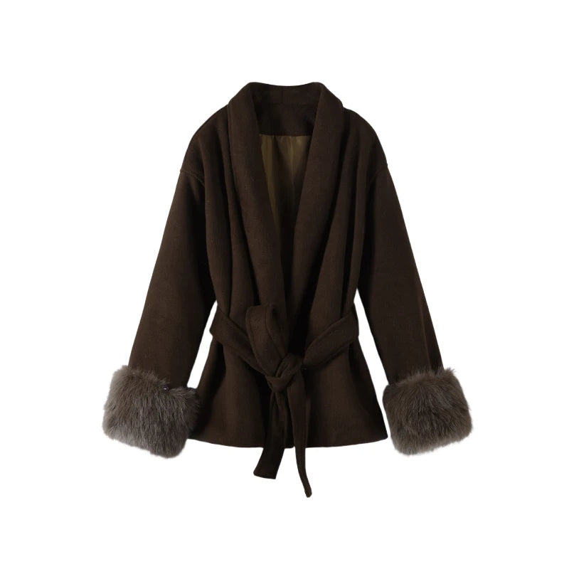 Elegant Lace Up V-neck Coat Women Loose Solid Long Fur-trimmed Sleeve Open Stitch Coats Female 2025 Autumn Fashion Lady Jacket