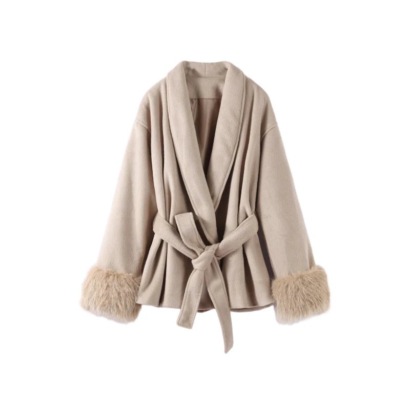 Elegant Lace Up V-neck Coat Women Loose Solid Long Fur-trimmed Sleeve Open Stitch Coats Female 2025 Autumn Fashion Lady Jacket