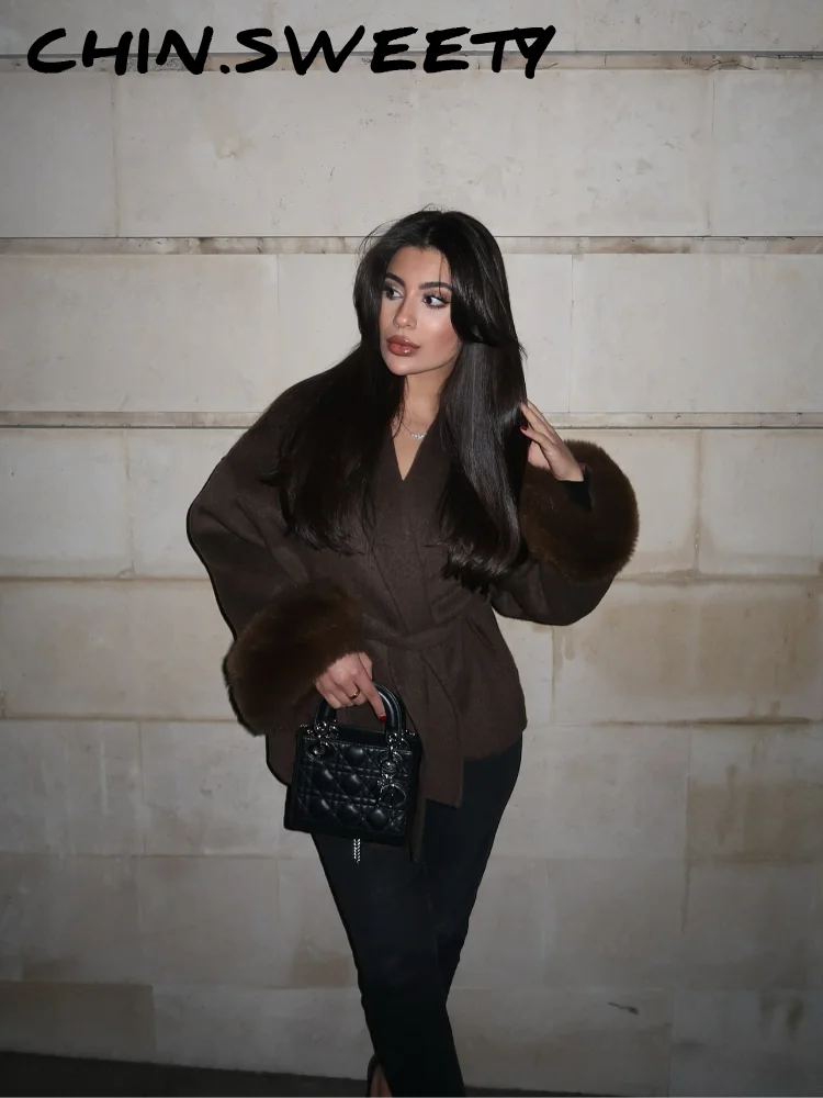 Elegant Lace Up V-neck Coat Women Loose Solid Long Fur-trimmed Sleeve Open Stitch Coats Female 2025 Autumn Fashion Lady Jacket