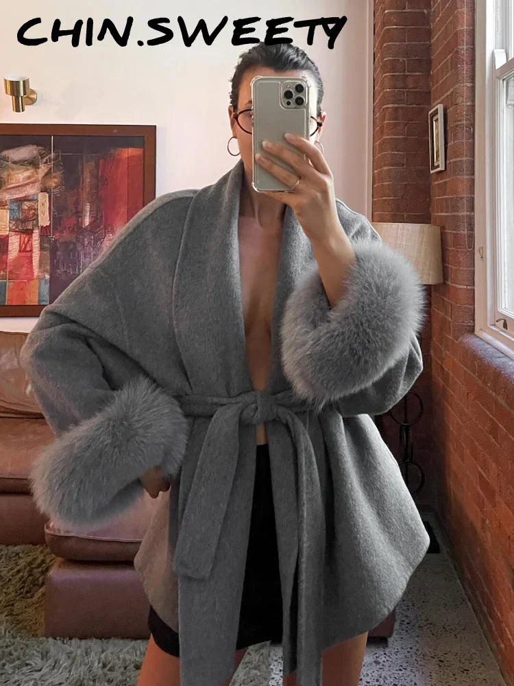 Elegant Lace Up V-neck Coat Women Loose Solid Long Fur-trimmed Sleeve Open Stitch Coats Female 2025 Autumn Fashion Lady Jacket