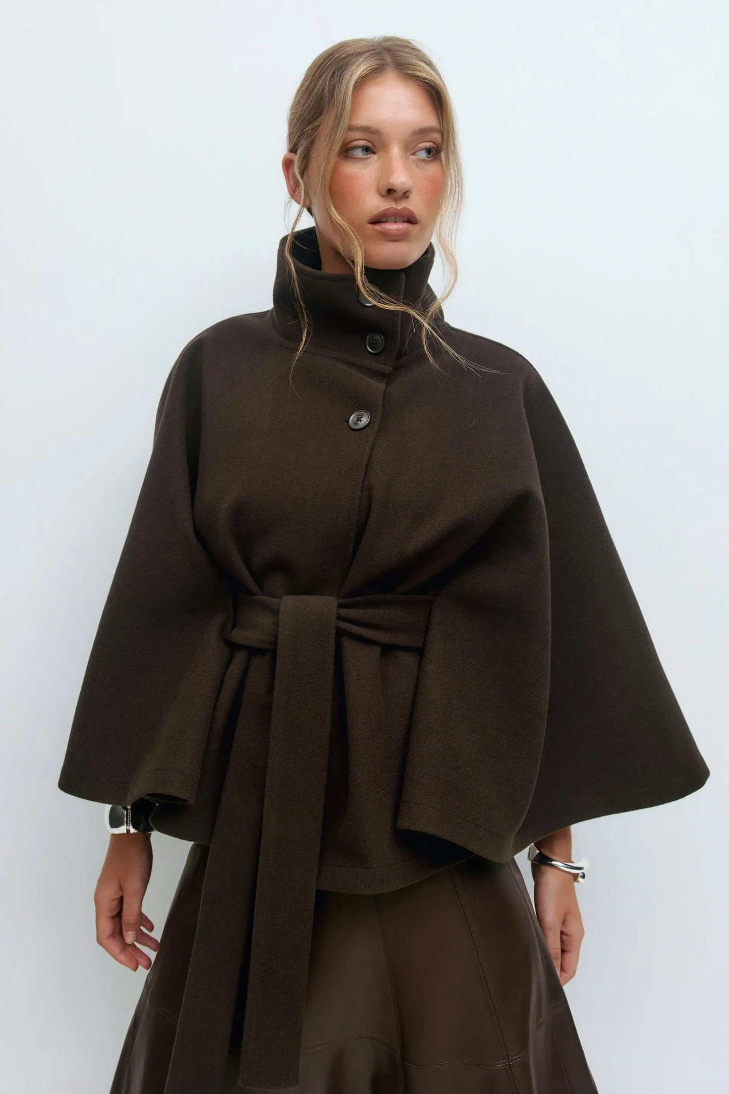 chic vintage cape jacket with belt stand neck single breasted loose coat loose flare sleeve coats early lady autumn Y2K outwears