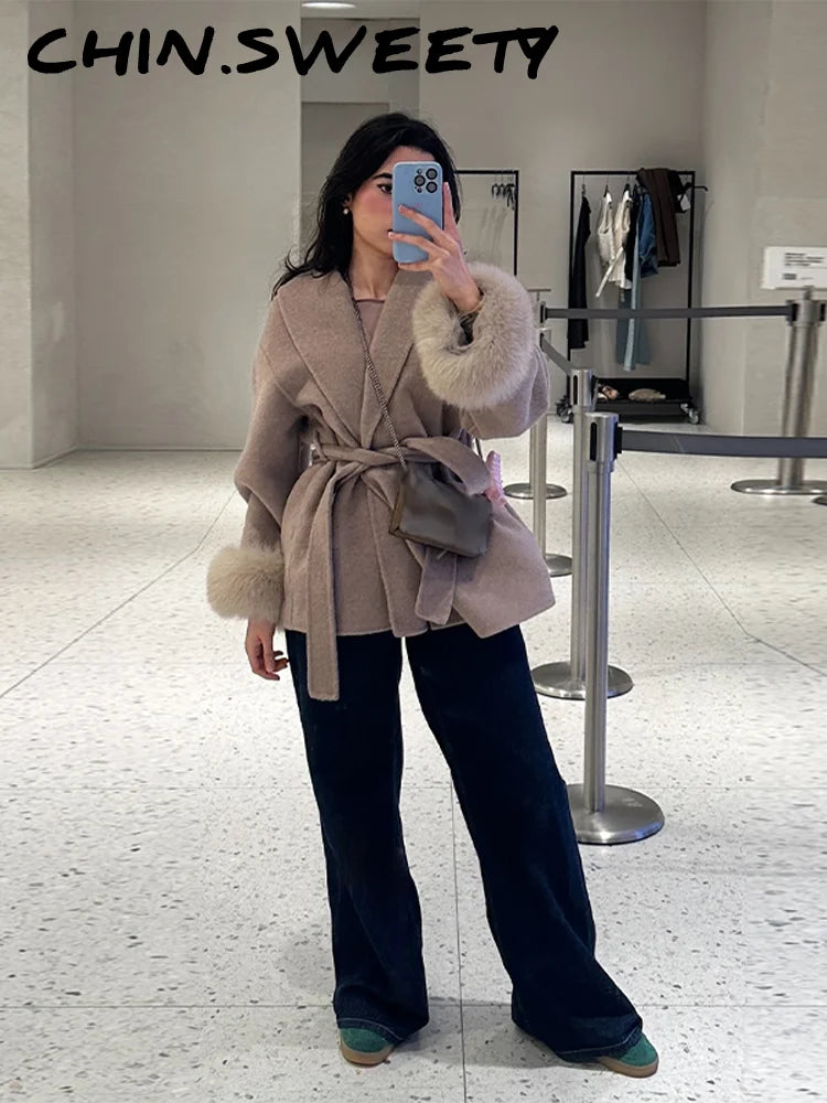 Elegant Lace Up V-neck Coat Women Loose Solid Long Fur-trimmed Sleeve Open Stitch Coats Female 2025 Autumn Fashion Lady Jacket