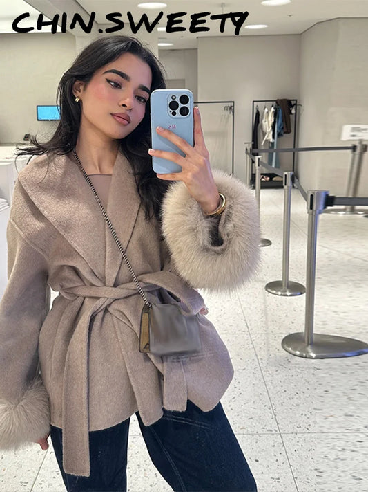 Elegant Lace Up V-neck Coat Women Loose Solid Long Fur-trimmed Sleeve Open Stitch Coats Female 2025 Autumn Fashion Lady Jacket