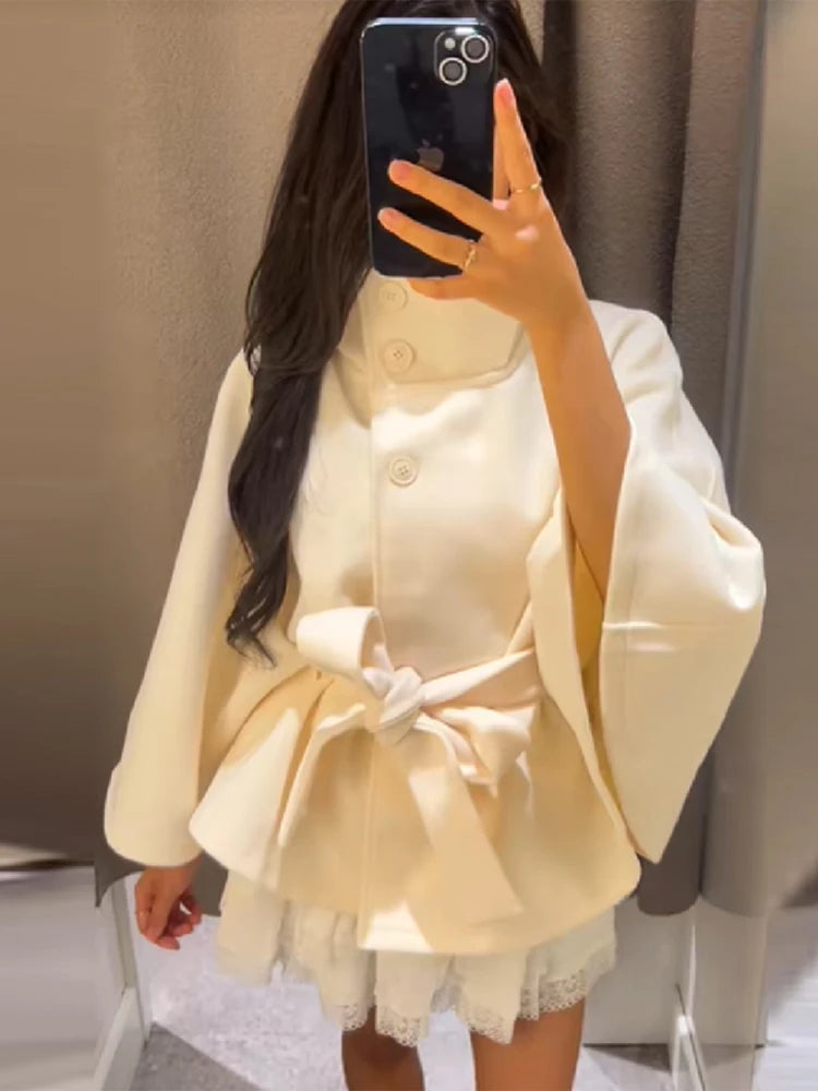 chic vintage cape jacket with belt stand neck single breasted loose coat loose flare sleeve coats early lady autumn Y2K outwears