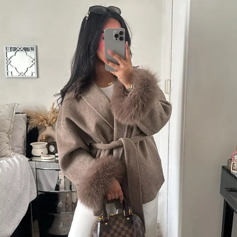 Elegant Lace Up V-neck Coat Women Loose Solid Long Fur-trimmed Sleeve Open Stitch Coats Female 2025 Autumn Fashion Lady Jacket