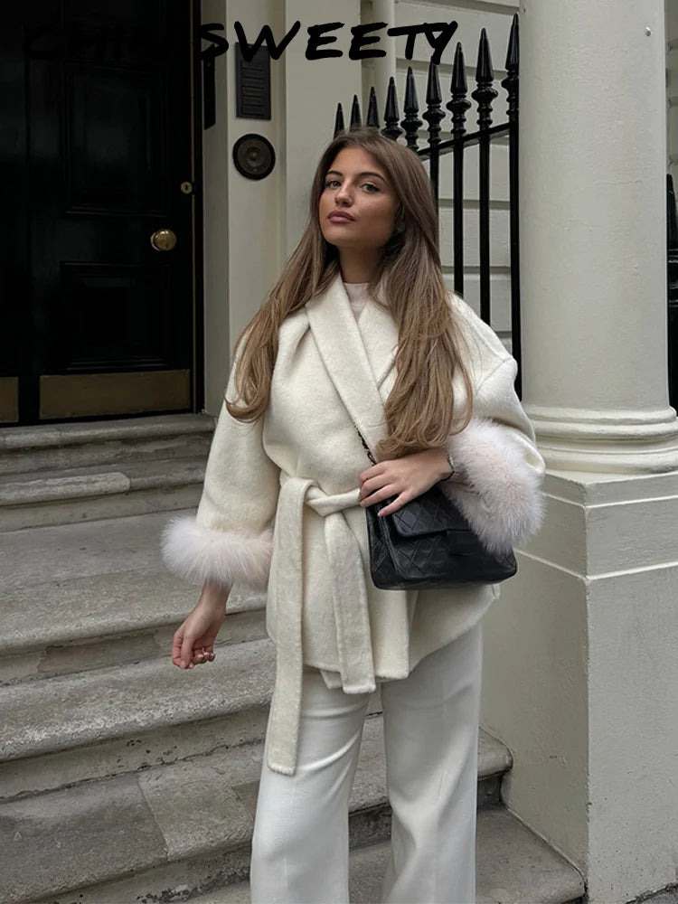 Elegant Lace Up V-neck Coat Women Loose Solid Long Fur-trimmed Sleeve Open Stitch Coats Female 2025 Autumn Fashion Lady Jacket