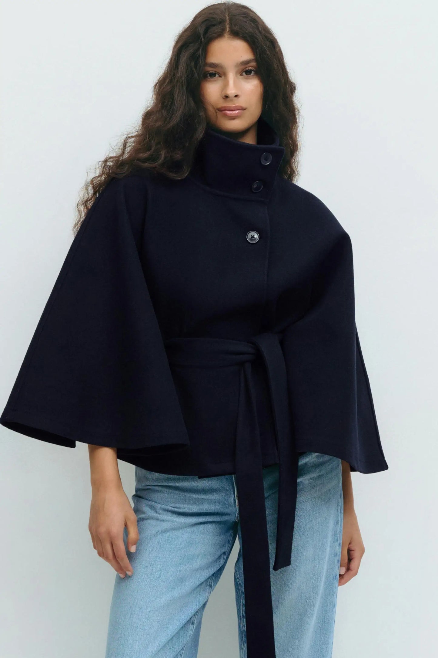 chic vintage cape jacket with belt stand neck single breasted loose coat loose flare sleeve coats early lady autumn Y2K outwears