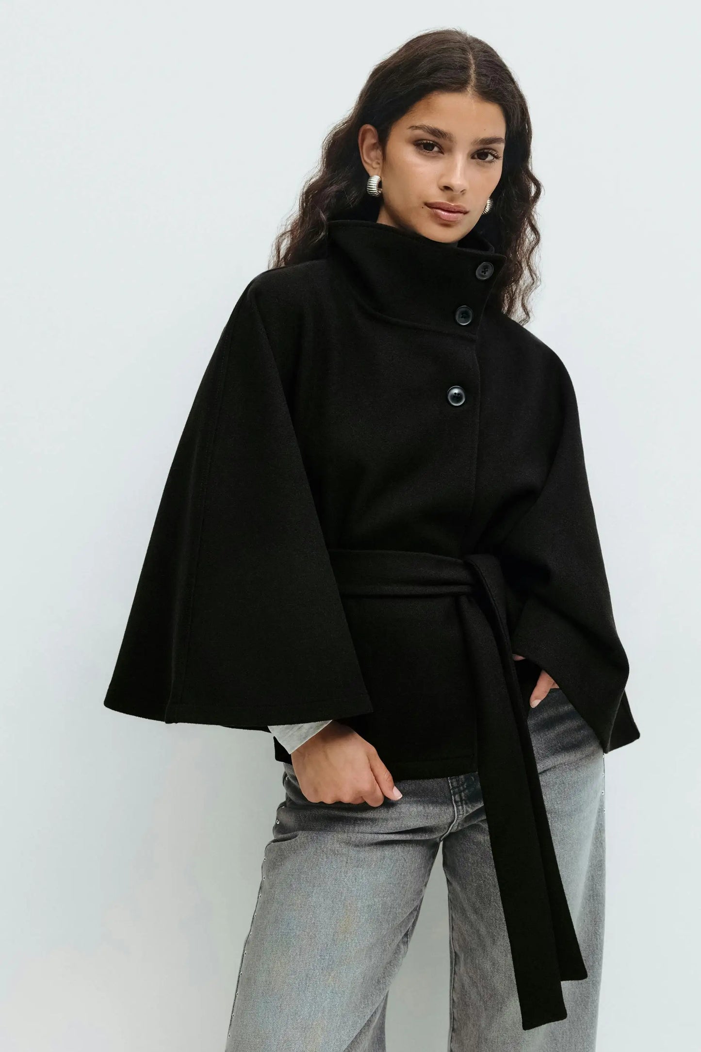 chic vintage cape jacket with belt stand neck single breasted loose coat loose flare sleeve coats early lady autumn Y2K outwears