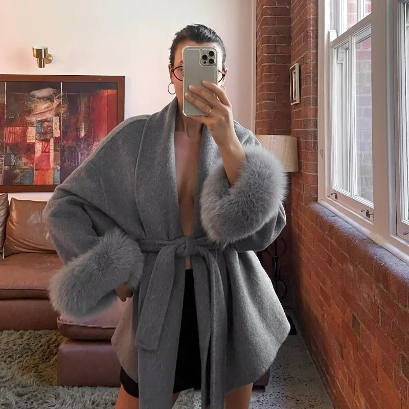 Elegant Lace Up V-neck Coat Women Loose Solid Long Fur-trimmed Sleeve Open Stitch Coats Female 2025 Autumn Fashion Lady Jacket