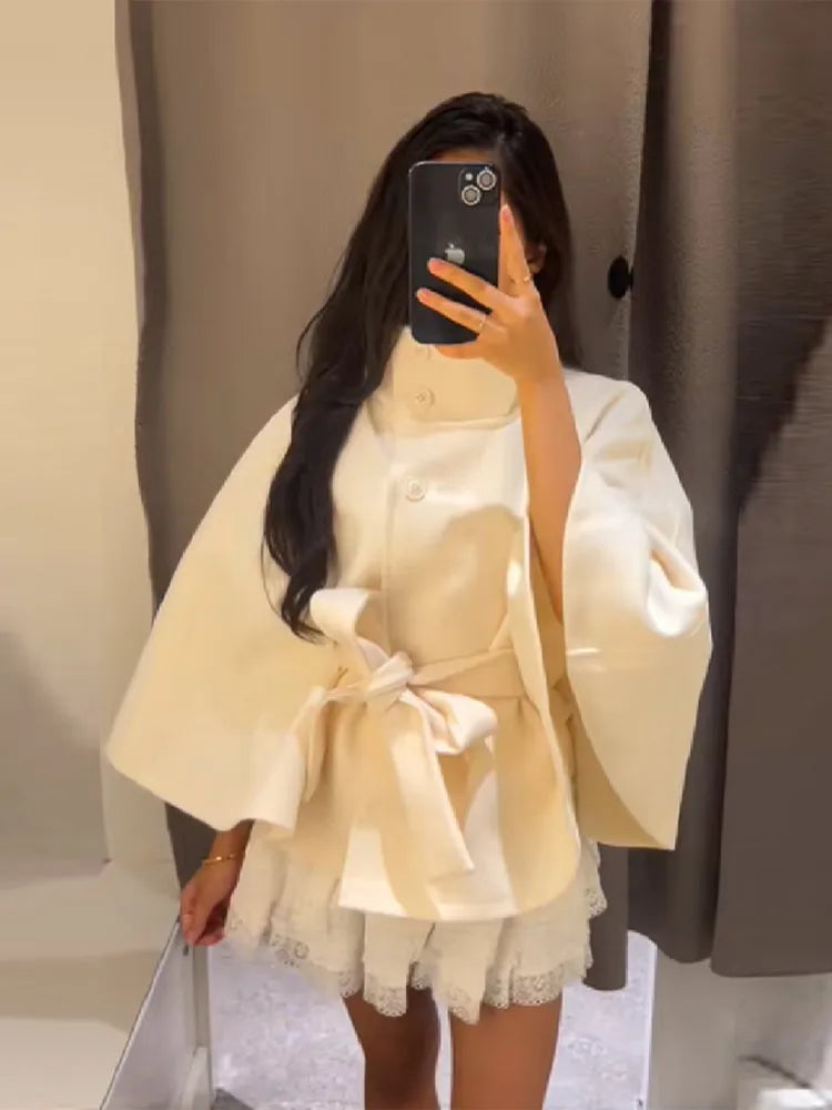 chic vintage cape jacket with belt stand neck single breasted loose coat loose flare sleeve coats early lady autumn Y2K outwears