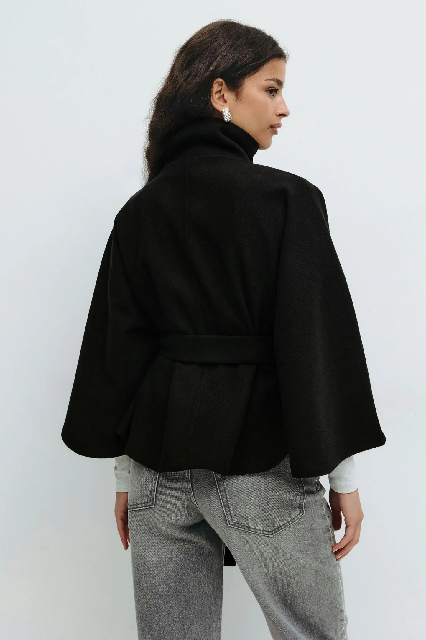 chic vintage cape jacket with belt stand neck single breasted loose coat loose flare sleeve coats early lady autumn Y2K outwears